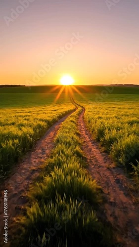 Golden Hour Sunset Over Grassy Field With Winding Dirt Path And Sun Rays Shining Through The Sky