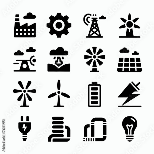 Energy and power generation solid glyph icon set.