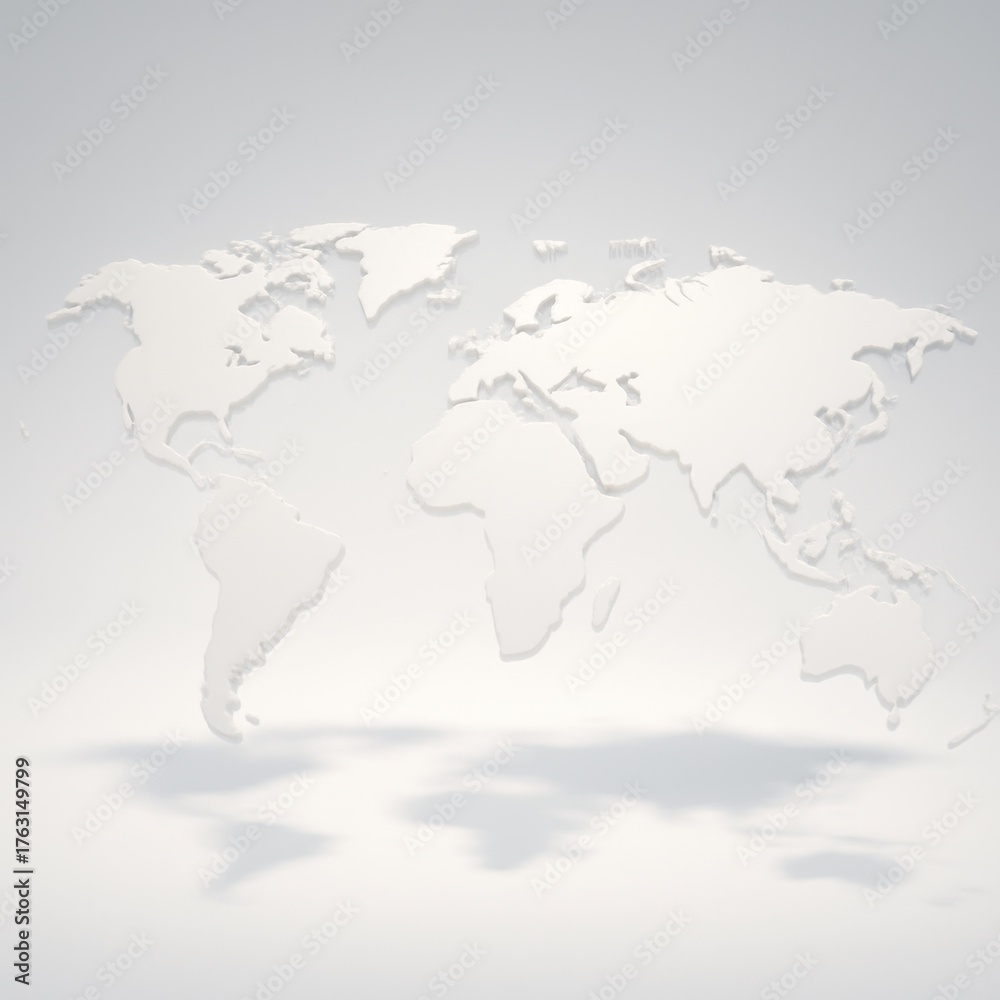 Fototapeta premium White 3D world map casts soft shadows on a neutral, light background