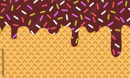 Chocolate Dripping on Waffle Cone. Ice cream melted background with sprinkles. Sweet Glaze and Sprinkles Design. chocolate cream melted background with waffle or cone.