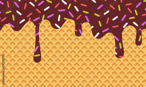 Chocolate Dripping on Waffle Cone. Ice cream melted background with sprinkles. Sweet Glaze and Sprinkles Design. chocolate cream melted background with waffle or cone.