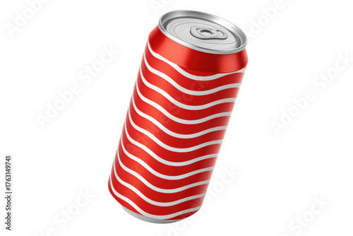 Red soda can with white stripes isolated on transparent background, close up view