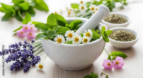 Mortar with healing herbs and pestle on white wooden table, flat lay.