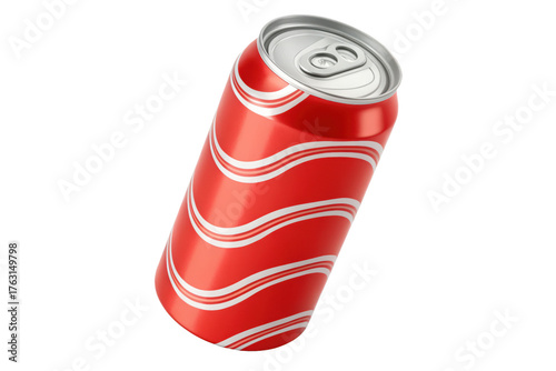 Red soda can with white stripes isolated on transparent background, close up shot