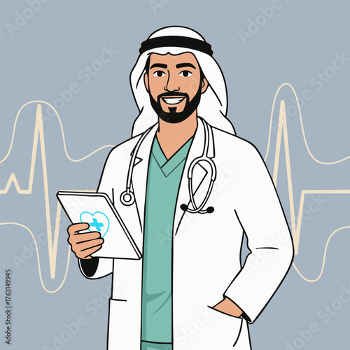 Arab male doctor wearing white coat and traditional clothing with stethoscope and tablet, flat vector illustration representing healthcare, hospital, telemedicine, and medical service concept.