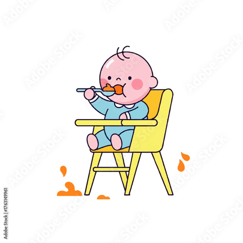 Cute cartoon baby sitting in a high chair and eating messy puree with a spoon, a simple vector illustration for childcare concepts