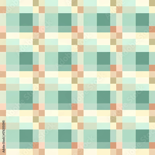 A seamless pixelated plaid pattern in muted shades of teal, peach, and cream for a retro background.