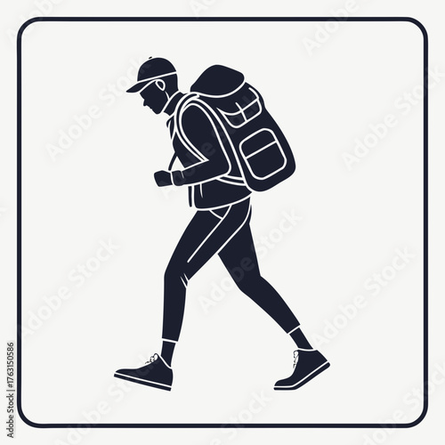 Hiker with backpack, walking in nature adventure