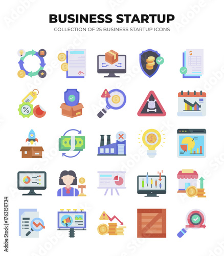 Collection of Business Startup Icons. 25 Flat Design Icons for Marketing. Finance. and Growth