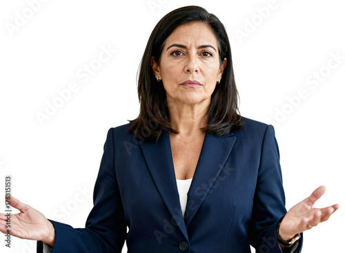 Professional woman with a serious expression and open hands, transparent background png