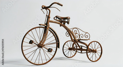 antique tricycle with rust texture, isolated on white studio lighting, high detail realism