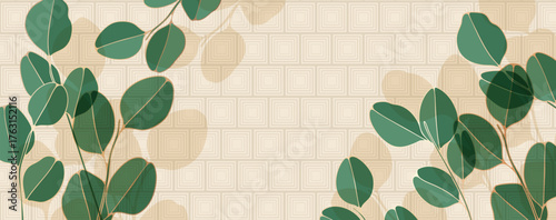Eucalyptus branches luxury vector design in Chinese style with golden thin lines and pattern