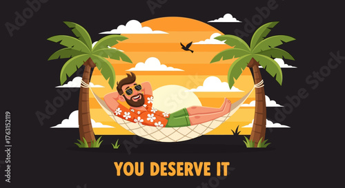 A man relaxes in a hammock strung between two palm trees on a tropical beach at sunset.