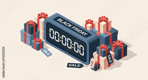 This flat design visual features a digital countdown timer set to zero, surrounded by beautifully wrapped gift boxes, symbolizing the urgency and excitement of Black Friday sales. 