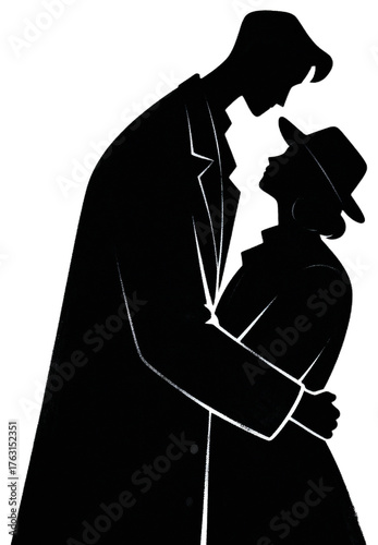 Silhouette illustration of a couple embracing with affection, transparent background png