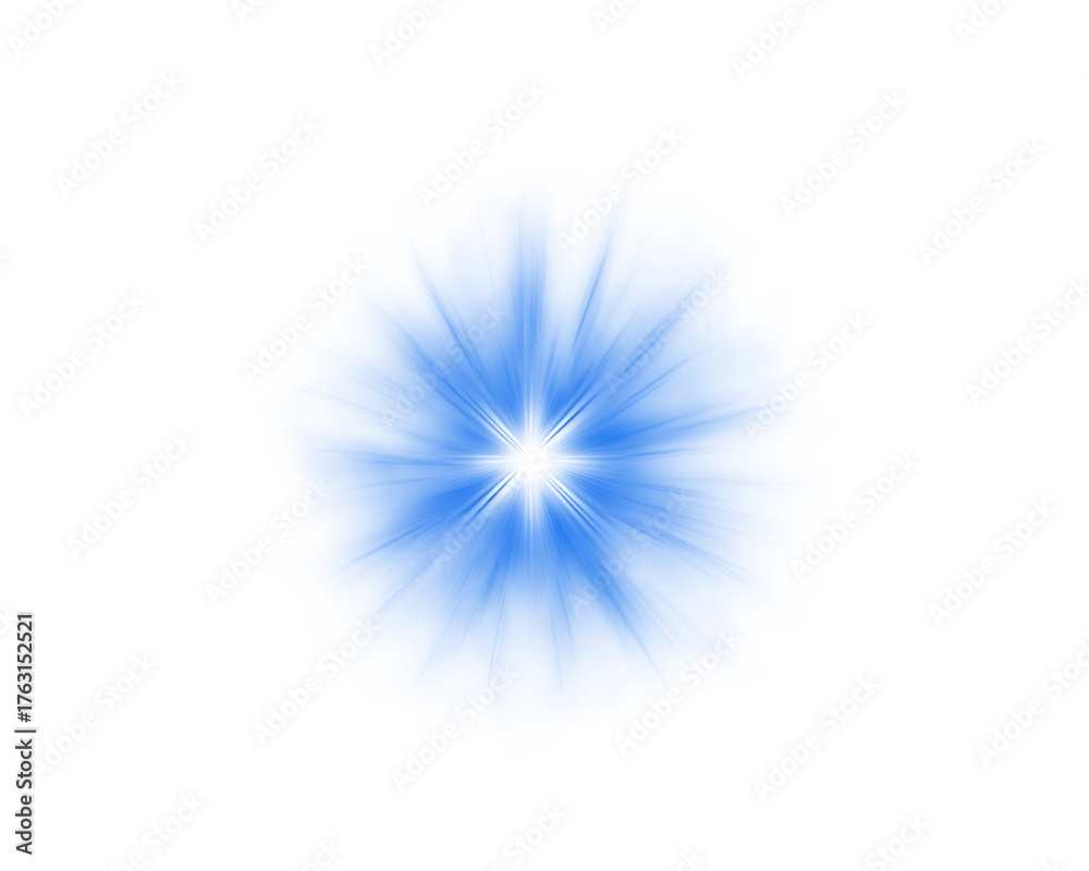 Fototapeta premium Radiant blue energy burst glowing on white background, shining star explosion effect with soft light rays, abstract bright flare for digital design and futuristic visuals.