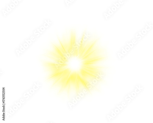 Radiant yellow light burst glowing on white background, bright star explosion effect with warm energy rays, abstract fiery flare for digital art and futuristic visuals.