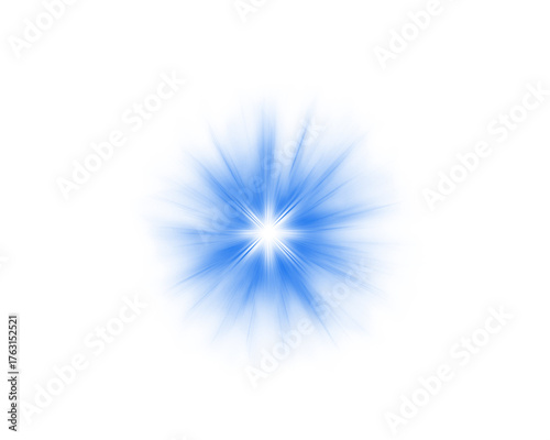 Radiant blue energy burst glowing on white background, shining star explosion effect with soft light rays, abstract bright flare for digital design and futuristic visuals.