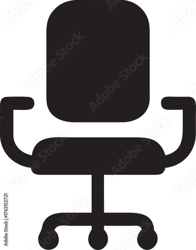 A comfortable black leather office chair with wheels and armrests is an empty ergonomic furniture object for business work and design
