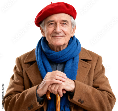 Smiling elderly man in a red beret and blue scarf holding a walking stick, transparent background png