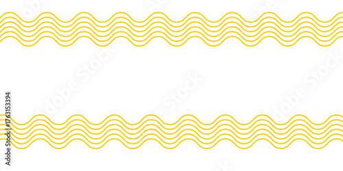 Wavy yellow horizontal lines on white background. Noodle or ramen texture. Pasta, tagliatelle or macaroni pattern. Curvy spaghetti banner. Traditional Italian of Japan food print. Modern Vector 
