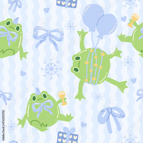 Whimsical Frog Balloons and Gifts Ribbon Festive Holiday Seamless Pattern