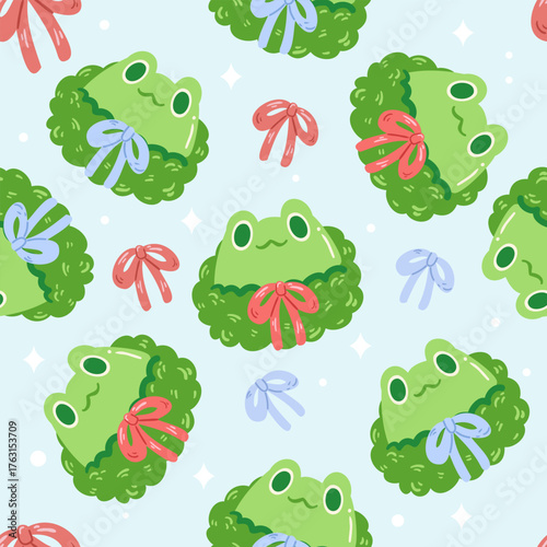 illustration of Cute Frog Wreaths with Bows Festive Holiday Seamless Pattern Background