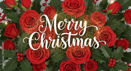 Romantic Merry Christmas Script Surrounded by Deep Red Roses, Holly Leaves, and Gold Sparkle