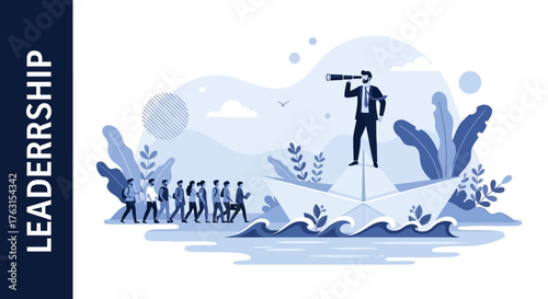 Illustration of a businessman looking through binoculars ahead of a group of people walking in a stylized landscape with blue hues.