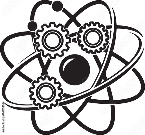  a stylized atom with gears in place of protons and neutrons, representing the fusion of science and technology