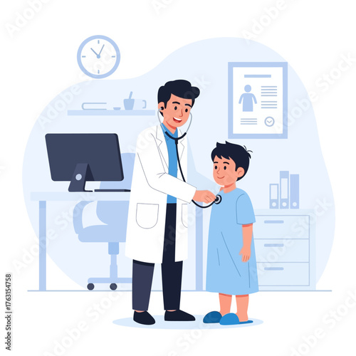 A doctor examines a young boy with a stethoscope in a medical office setting.