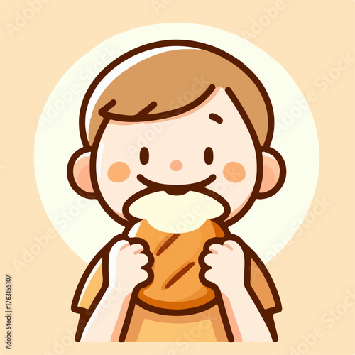 Illustration of a small child having bread for breakfast
