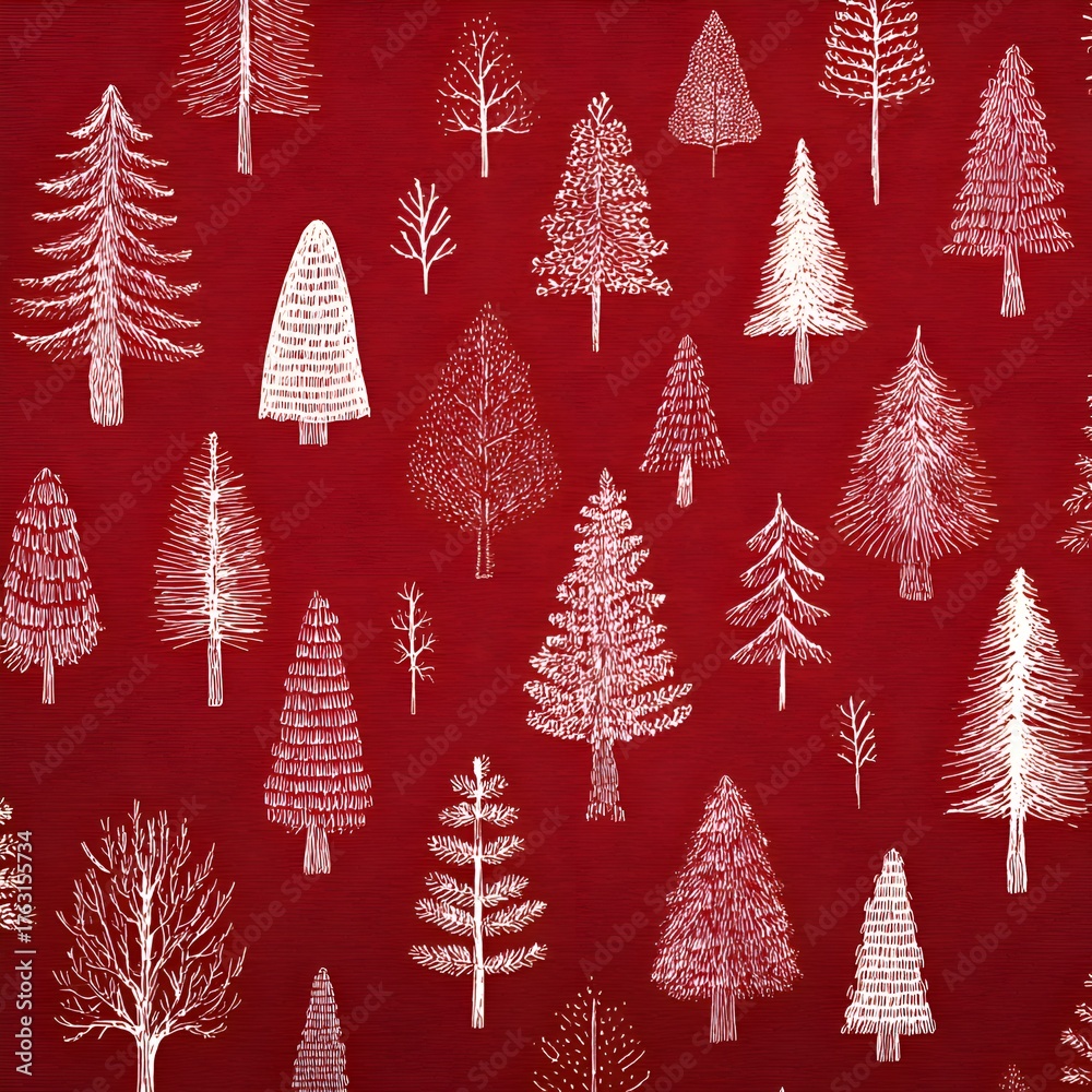 Obraz premium An elegant seamless pattern showcases hand drawn white Christmas trees on a deep red background, creating festive holiday textile designs.