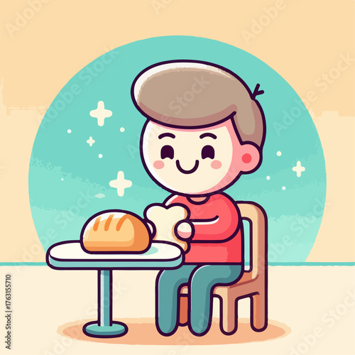 Illustration of a small child having bread for breakfast