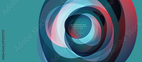 Abstract circular layers create dynamic visual effect. Teal background complements vibrant color scheme. Modern design element.