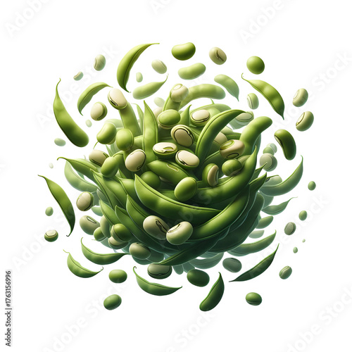 Green bean seeds floating isolated on white background