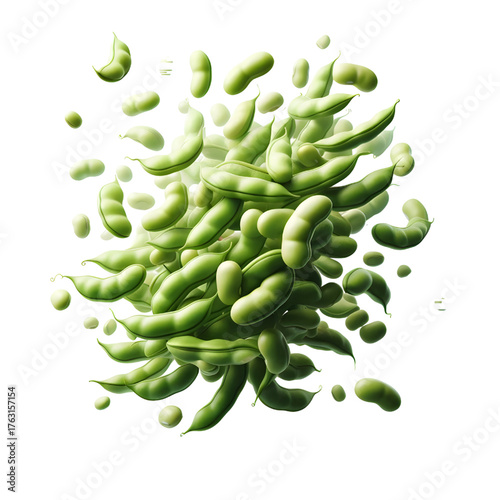 Green bean seeds floating isolated on white background