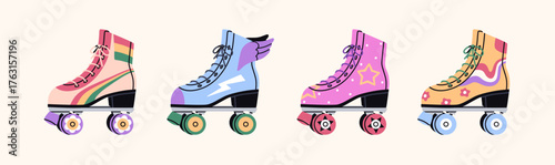 Rollerskates set. Retro fashion style roller skate designs. Quad four-wheeled derby, colorful bright boots, sport shoes with disco patterns. Flat vector illustrations isolated on white background
