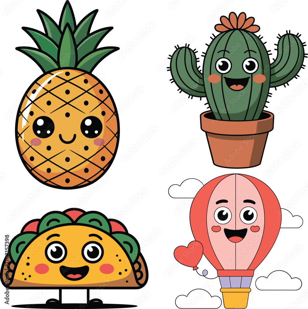 Fototapeta premium Smiling pineapple cactus taco hot air balloon vector