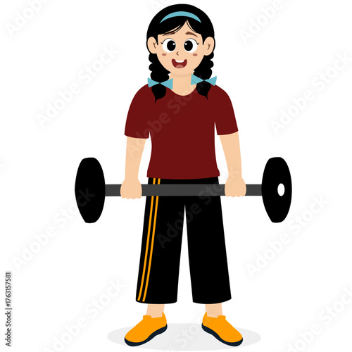 Young Woman Lifting Heavy Barbell Vector. Female athletes or gym instructors lifting heavy barbell on white background. Girls characters with resistance fitness bands and dumbbells