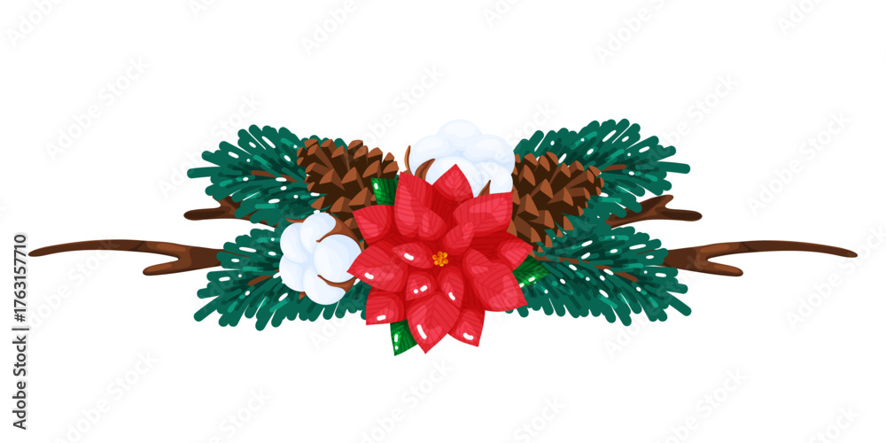 Naklejka premium Christmas Poinsettia Pine and Cotton Border