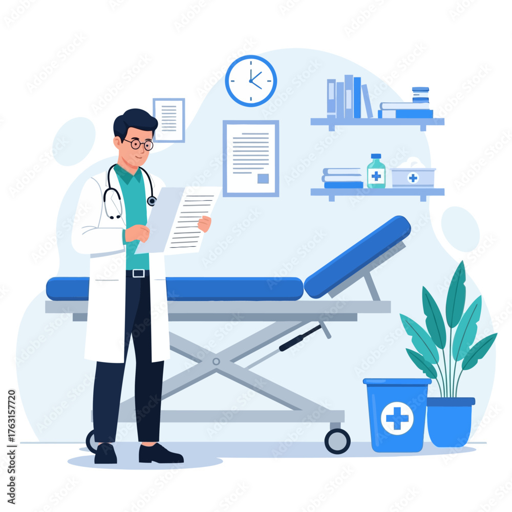 Fototapeta premium Doctor in office reading medical chart, examination table in background.