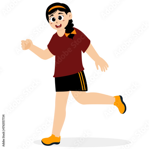 Girl running. Happy active girl jogging. Runner, cardio exercise, workout. Smiling female jogger training in sport shorts and sneakers. Flat vector illustration isolated on white background