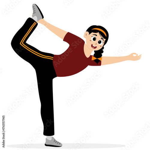 Woman doing leg exercise. Flat vector illustration isolated on white background. warm-up movement for sports.