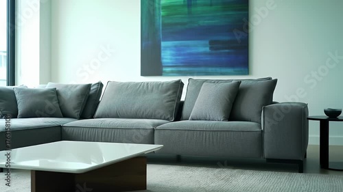 Modern Interior with Gray Sectional Sofa and Abstract Blue Painting on Wall