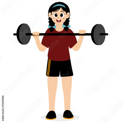 Young Woman Lifting Heavy Barbell Vector. Female athletes or gym instructors lifting heavy barbell on white background. Girls characters with resistance fitness bands and dumbbells