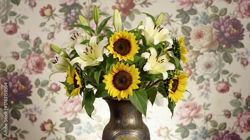 Still Life of Sunflowers Lilies in Ornate Vase Against Floral Wallpaper