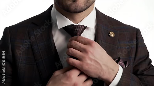 Torso Close Up of a Man in Brown Plaid Suit Adjusting Tie On White Background