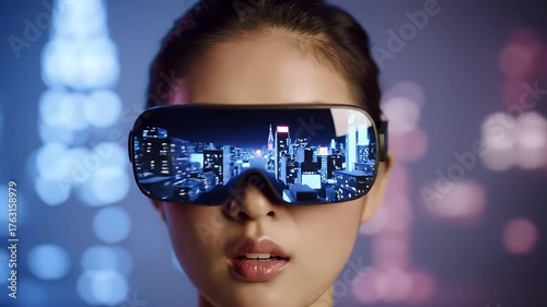 Young Woman in VR Glasses Reflecting a Cityscape on Gradient Background
