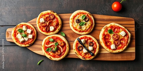 Overhead shot of mini pizzas, various toppings, rustic wooden board,  italian food,   comfort food
